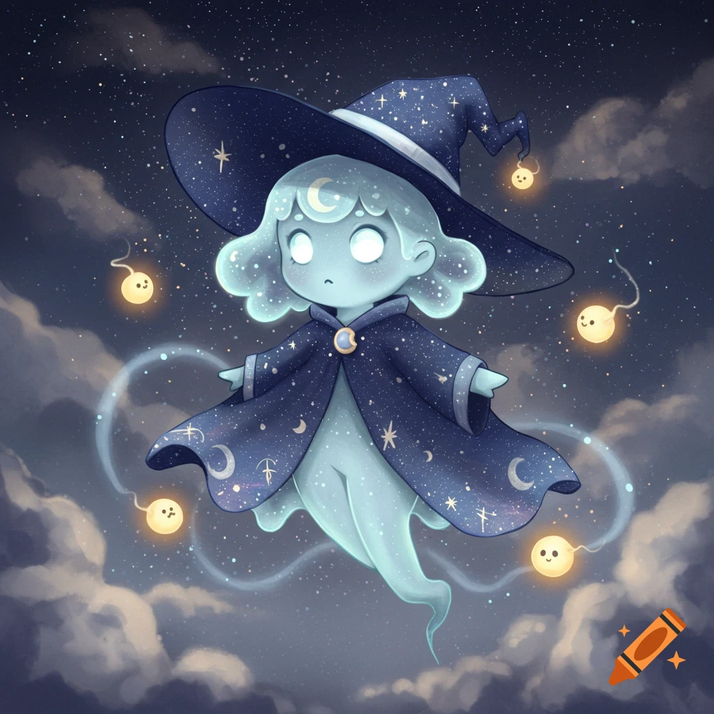 A cute, glowing blue witch ghost in a starry cloak and hat floats in a cloudy night sky with small glowing orbs.