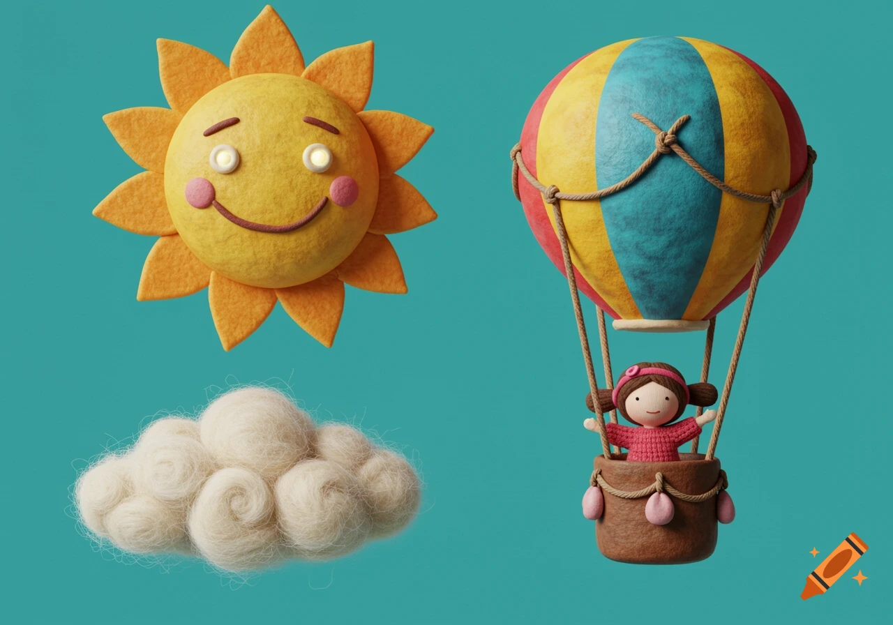 A whimsical scene with a smiling sun, a fluffy cloud, and a little doll flying in a colorful hot air balloon, all in a handcrafted, felted style.