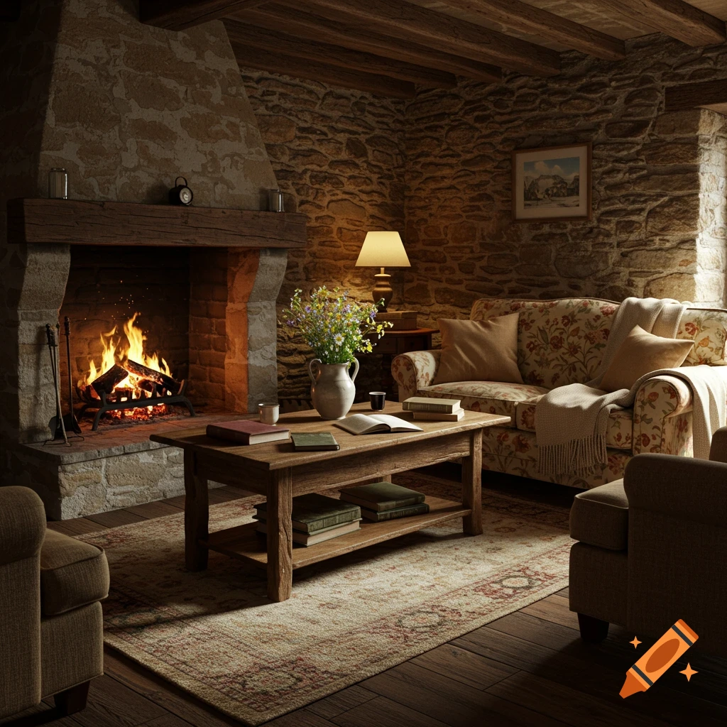 A cozy, rustic living room in a stone cottage with a roaring fireplace, a floral sofa, and a wooden coffee table.