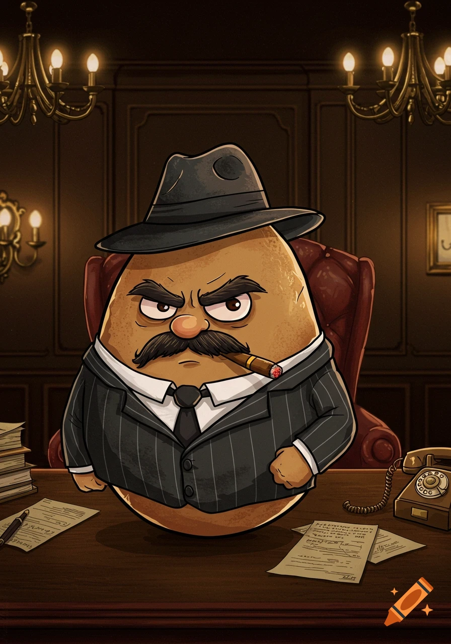 A cartoon potato mafia boss in a pinstripe suit, fedora, mustache, and cigar sits at a desk.