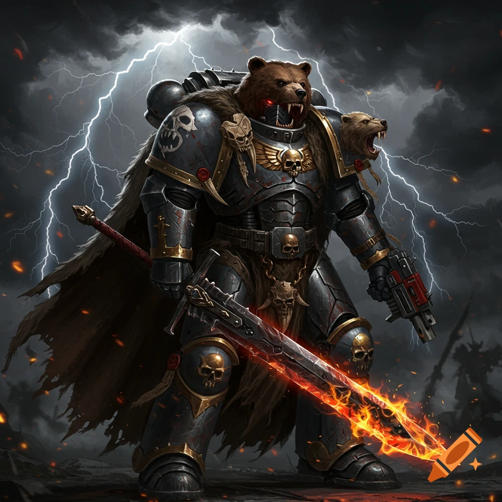 A fierce bear-headed Warhammer 40k Space Marine in battle-worn armor, wielding a flaming sword and gun amidst a lightning storm.