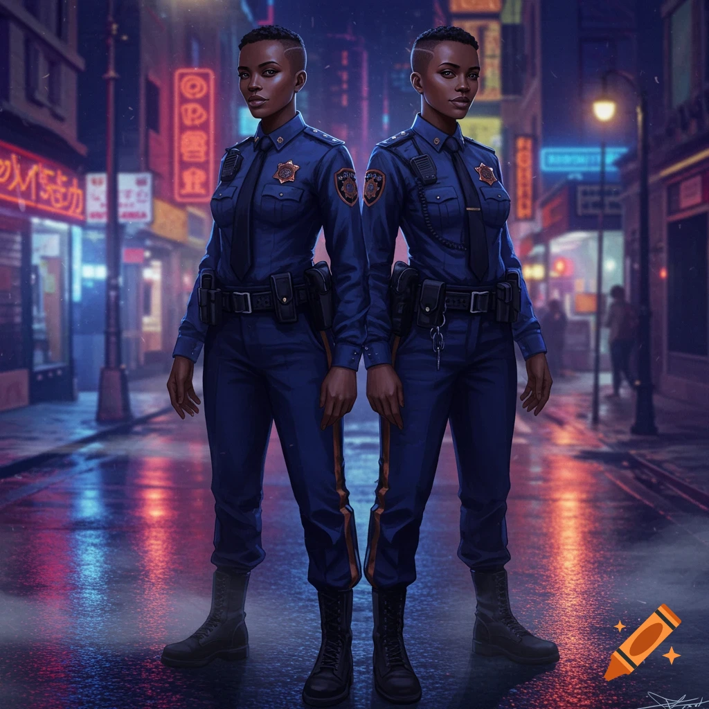 Two twin Black women police officers with buzz cuts stand on a wet, neon-lit city street at night in a detailed, photorealistic style.
