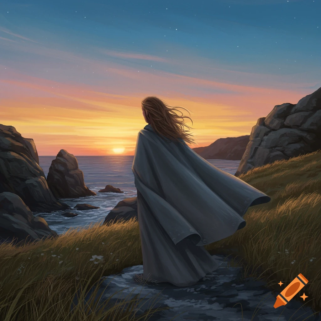 A person in a flowing gray cape stands on a grassy cliff, looking out at a vibrant sunset over a rocky ocean.