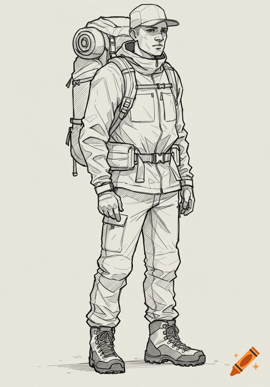 Pencil sketch of a male hiker with a large backpack, wearing a cap and jacket, looking slightly right.