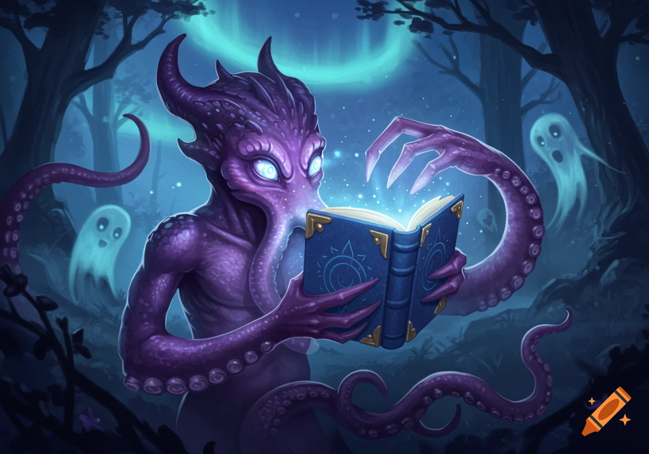 Purple tentacled monster with glowing eyes reads a magical blue spellbook in a dark forest with two ghosts.