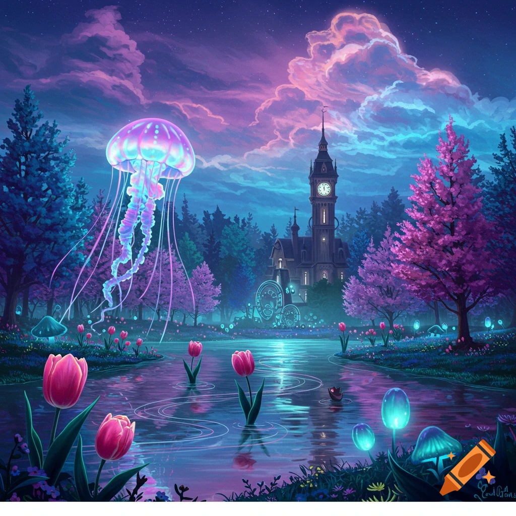 A vibrant fantasy landscape at night with a glowing jellyfish, a clock tower, colorful trees, and tulips by a shimmering stream.