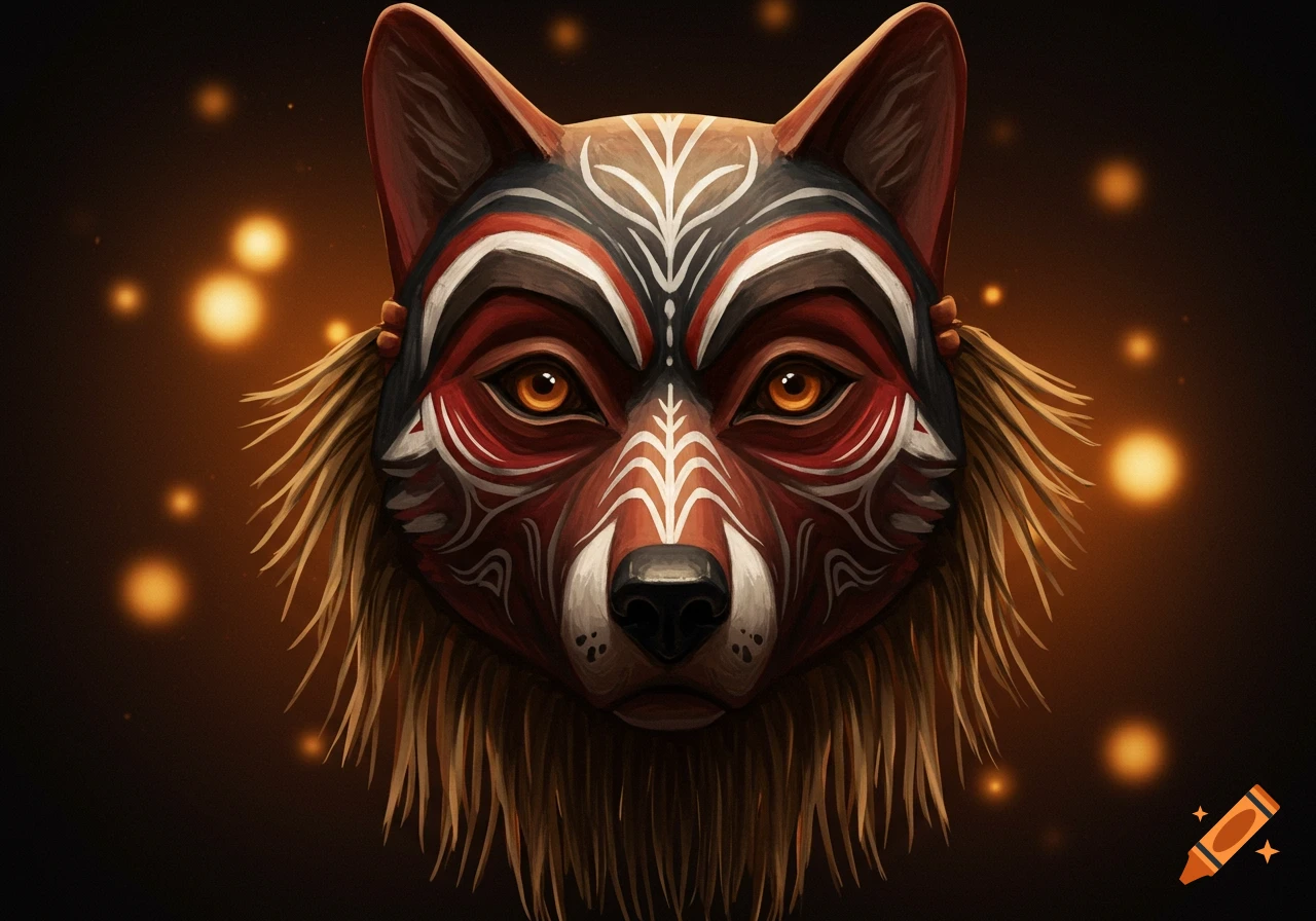 Detailed aboriginal wolf mask with red, black, and white patterns and golden eyes against a dark, glowing background.