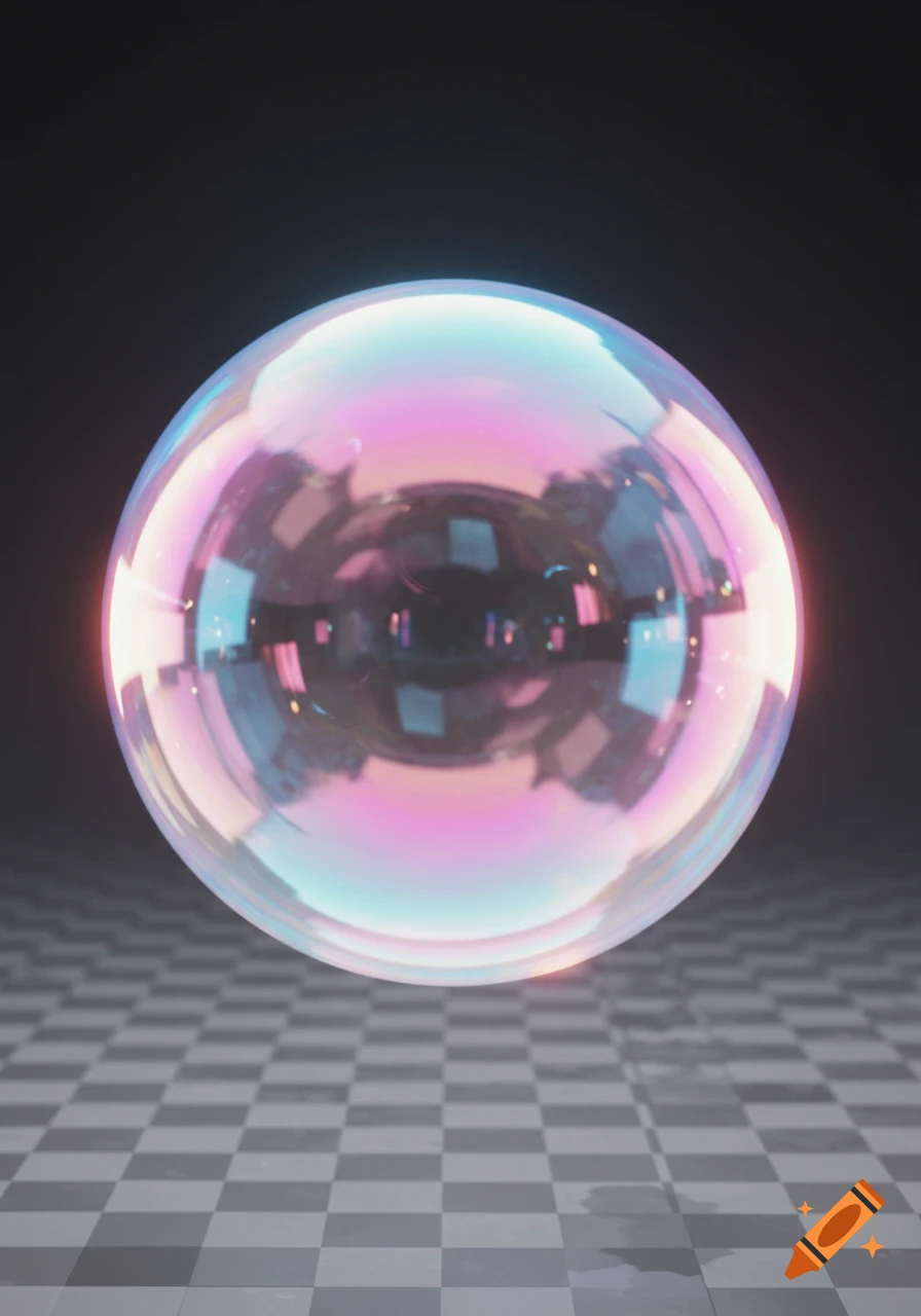 A large, iridescent bubble floats above a grey and white checkered surface against a dark background.