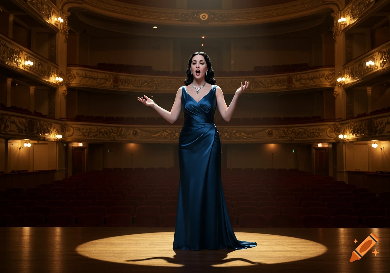 A woman in a dark blue gown stands on a spotlit stage, singing with her arms outstretched in an ornate opera house.