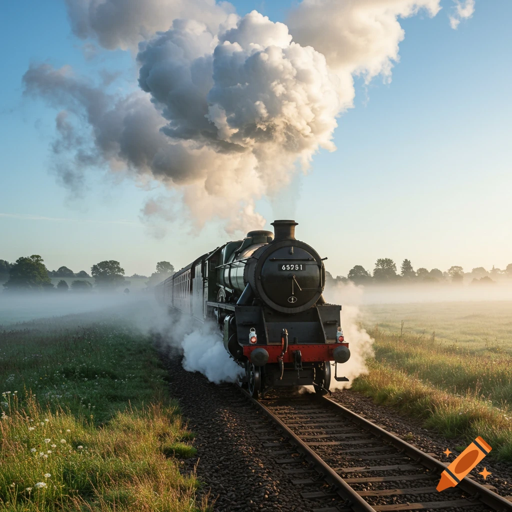 A black and green vintage steam train with large smoke plume moves through a misty, grassy field at dawn.
