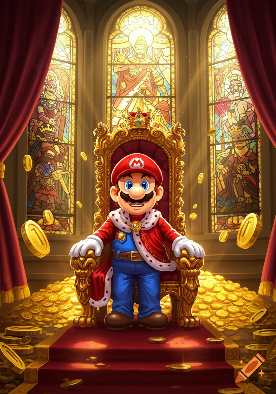 King Mario in a red robe sits on a golden throne amidst gold coins, with ornate stained glass windows.