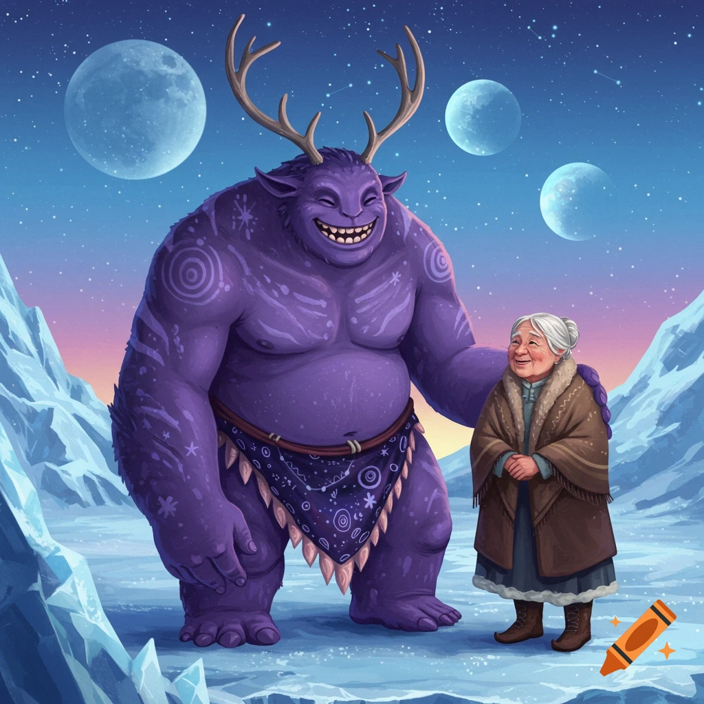A huge, smiling purple alien with antlers and a loincloth stands next to a smiling elderly woman on an ice planet with three moons.