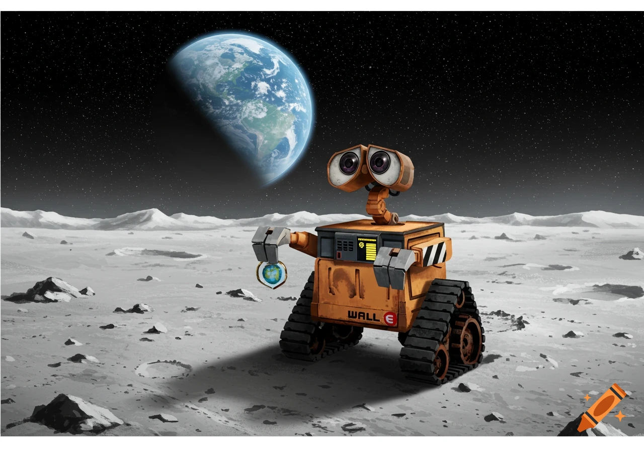 WALL-E robot on the moon holding a miniature Earth, with the planet Earth visible in the background, animated style.