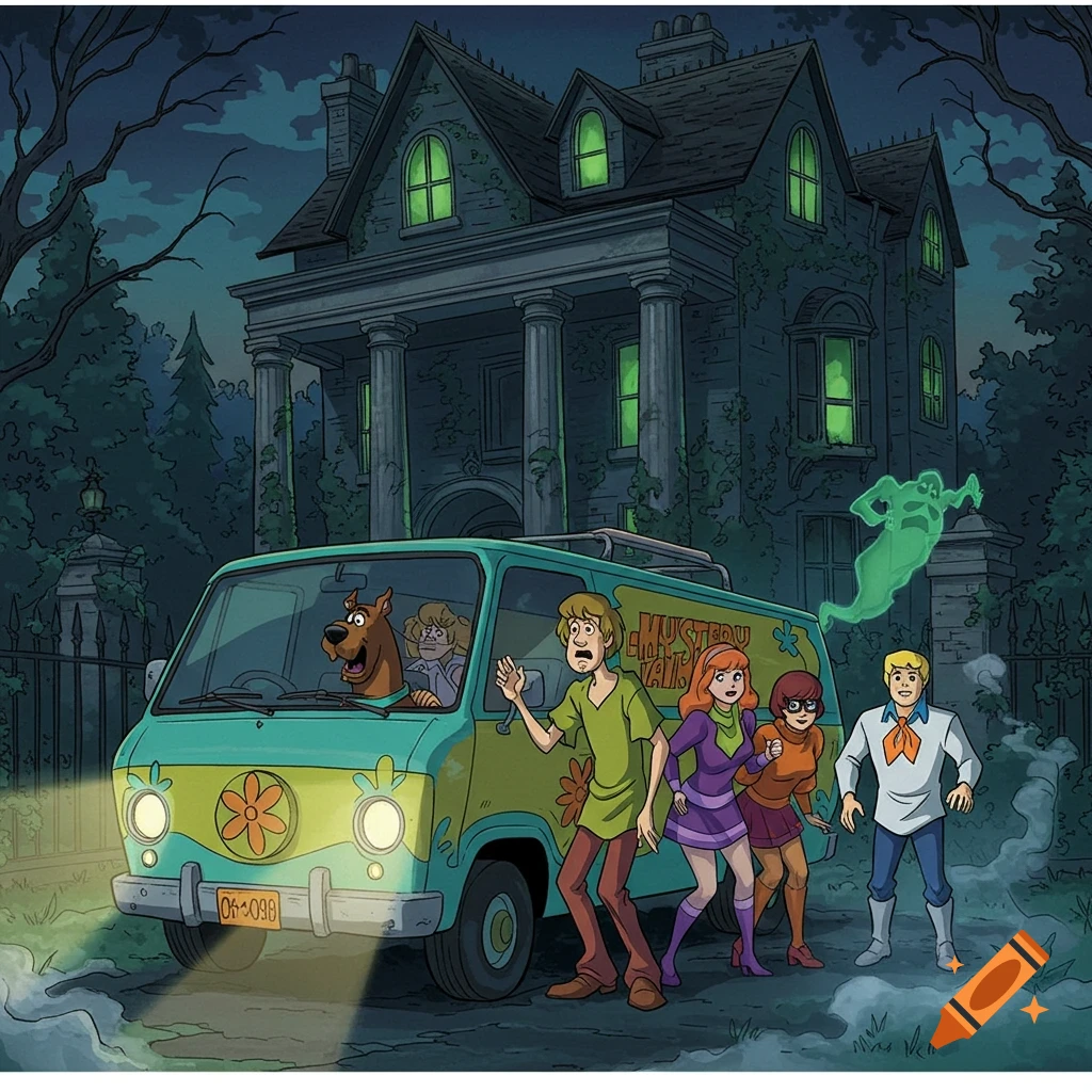 Scooby-Doo and the gang are outside their Mystery Machine van in front of a haunted house at night, a ghost floats behind them.