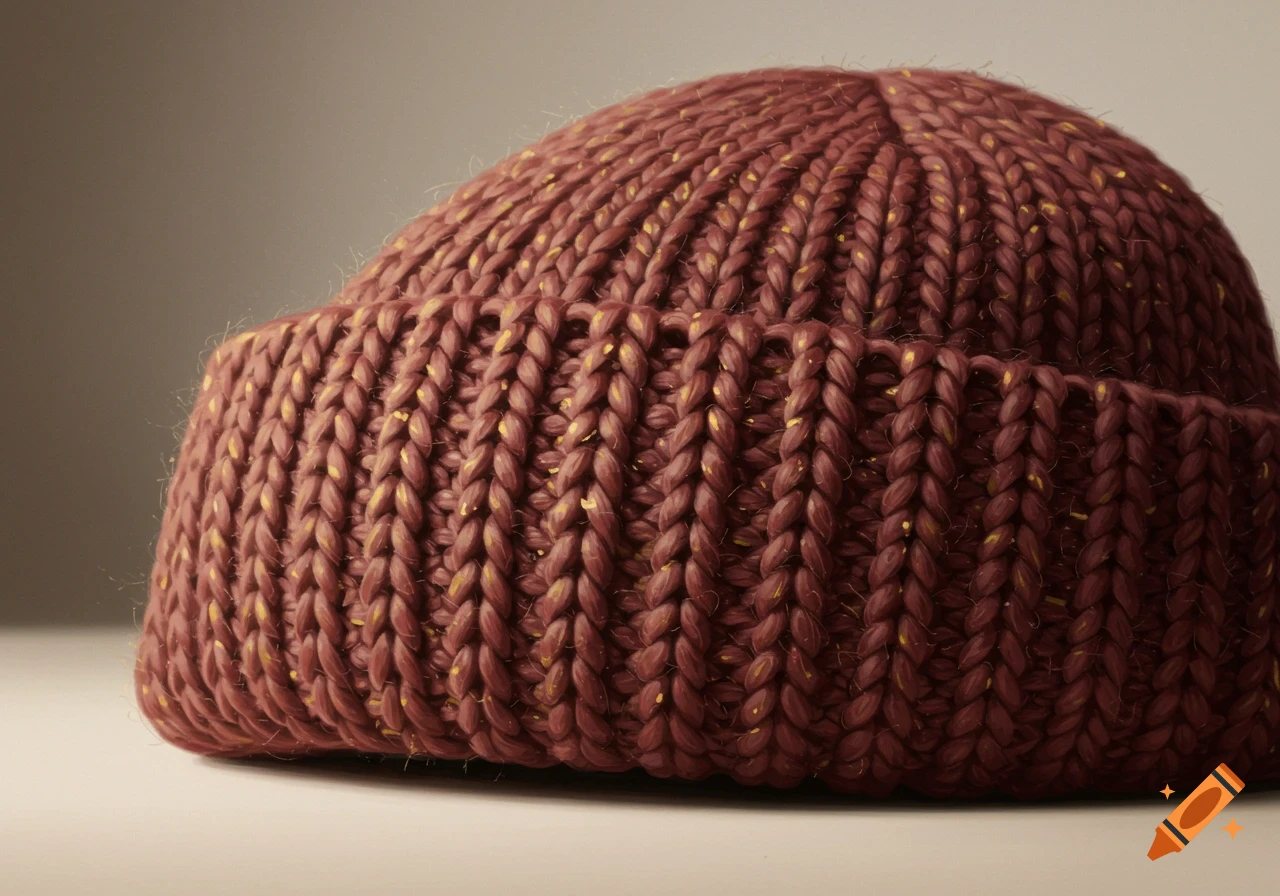 A close-up, photorealistic image of a dark red knitted beanie with yellow flecks, featuring a ribbed cuff.