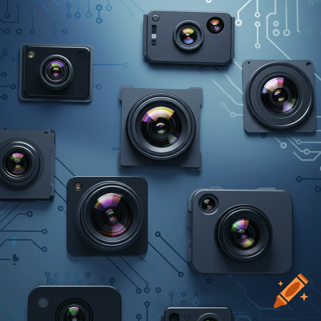 Multiple dark gray camera modules with colorful lenses arranged on a blue background with circuit board patterns.