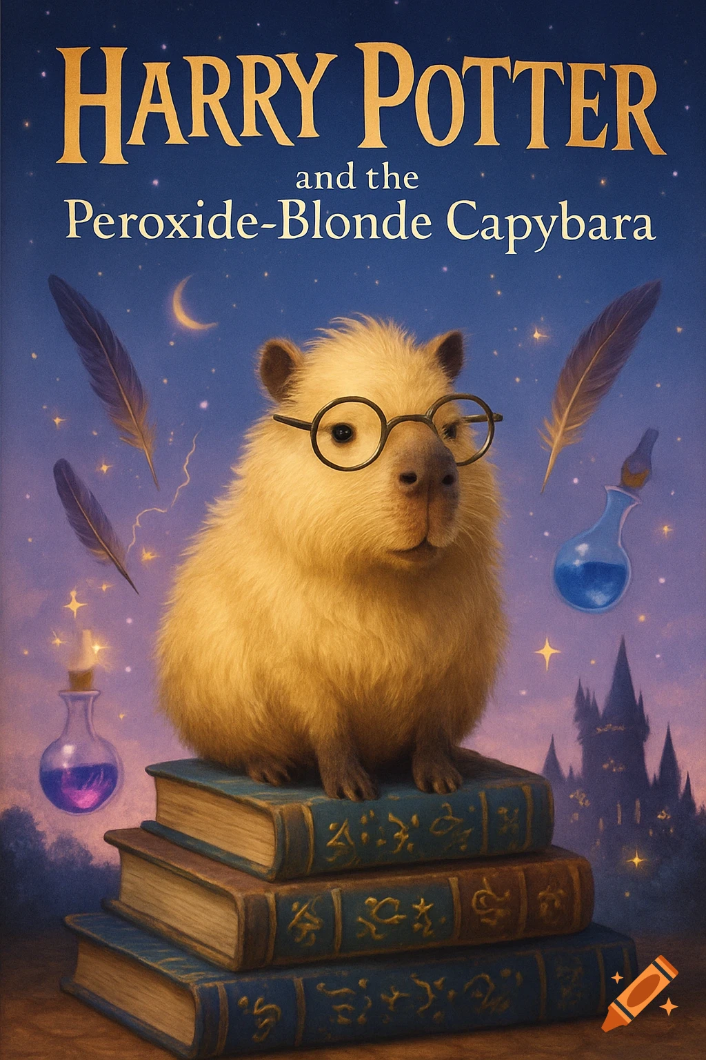 Whimsical book cover with a capybara wearing glasses, sitting on magical books under a starry night sky, with floating quills and potions.