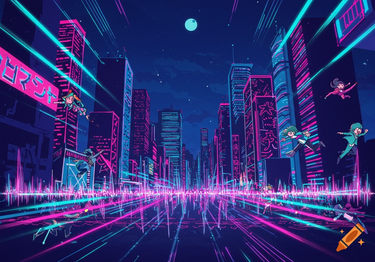 Anime-style characters fly through a vibrant cyberpunk city at night, with glowing neon buildings and purple and blue light trails.