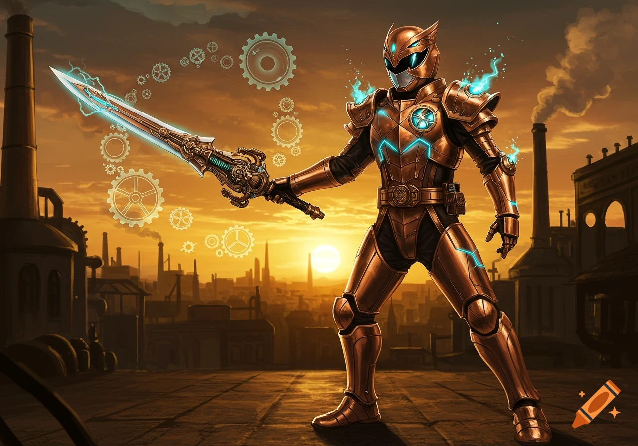 Copper-armored Super Sentai ranger holding a glowing steampunk sword in an industrial city at sunset, with floating gears.