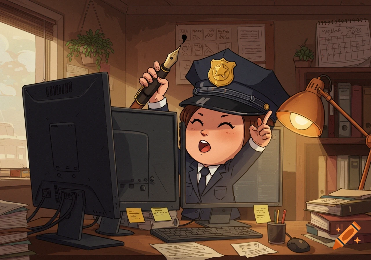 Cartoon illustration of a cheerful lady police officer peeking over two computer monitors at a desk, holding a pen.