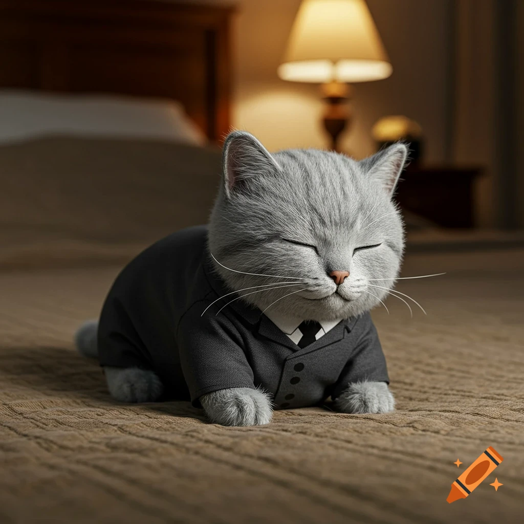 A silver-furred cat plushie wearing a black suit, sleeping on a brown carpet in a softly lit bedroom, photorealistic style.