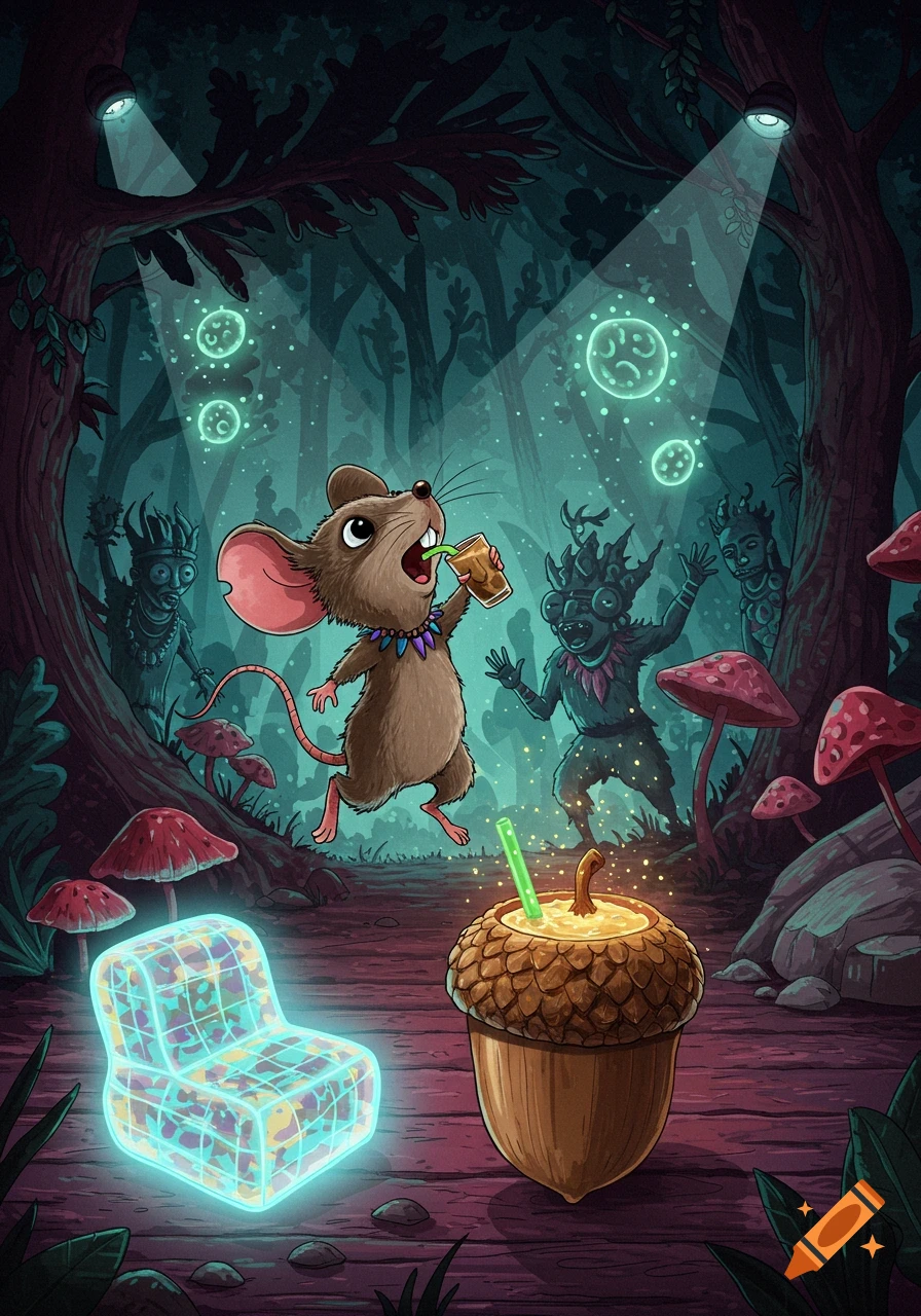 A cartoon mouse dances at a tribal forest rave, drinking from an acorn, with glowing figures and a neon chair.