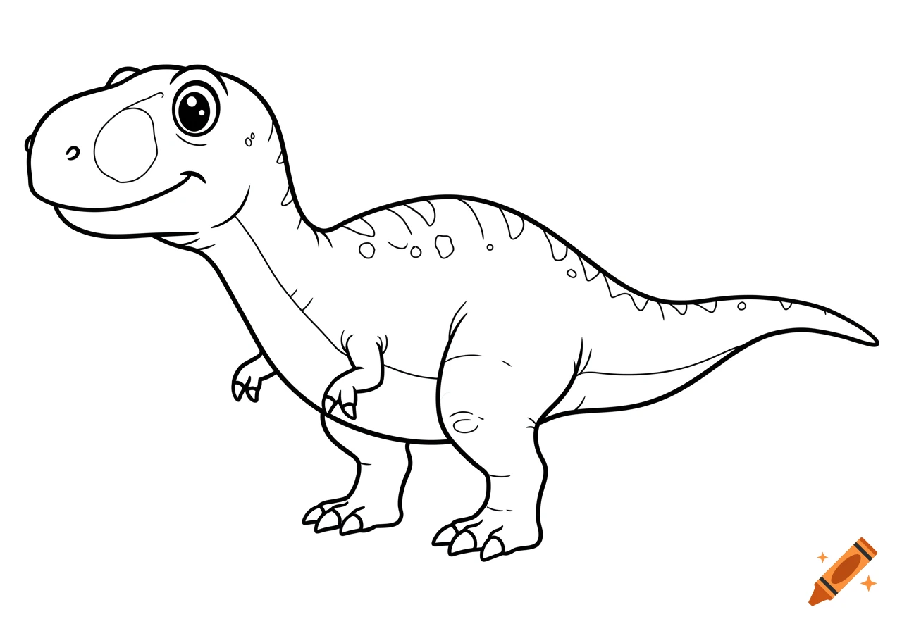 A smiling cartoon Allosaurus, depicted in black and white line art as a coloring page.