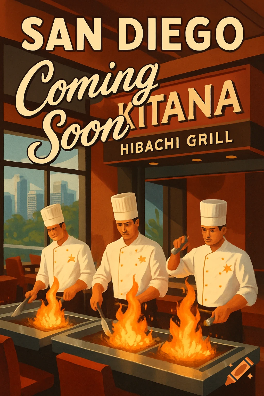 Stylized illustration of three chefs cooking at a hibachi grill in a San Diego restaurant with 'KITANA HIBACHI GRILL COMING SOON' text.