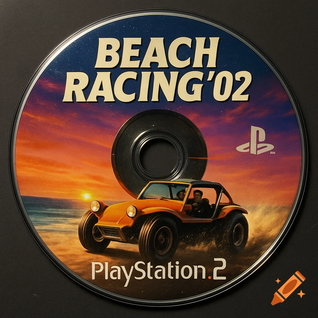 PlayStation 2 game disc for "Beach Racing '02" featuring an orange dune buggy on a beach at sunset.