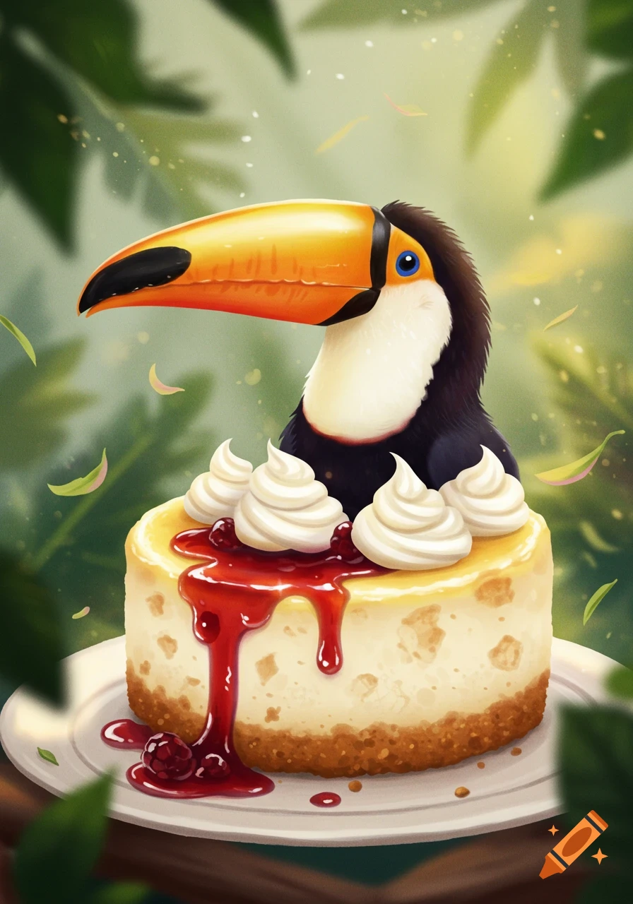 Stylized illustration of a toucan emerging from a cheesecake topped with berry sauce and whipped cream in a jungle setting.