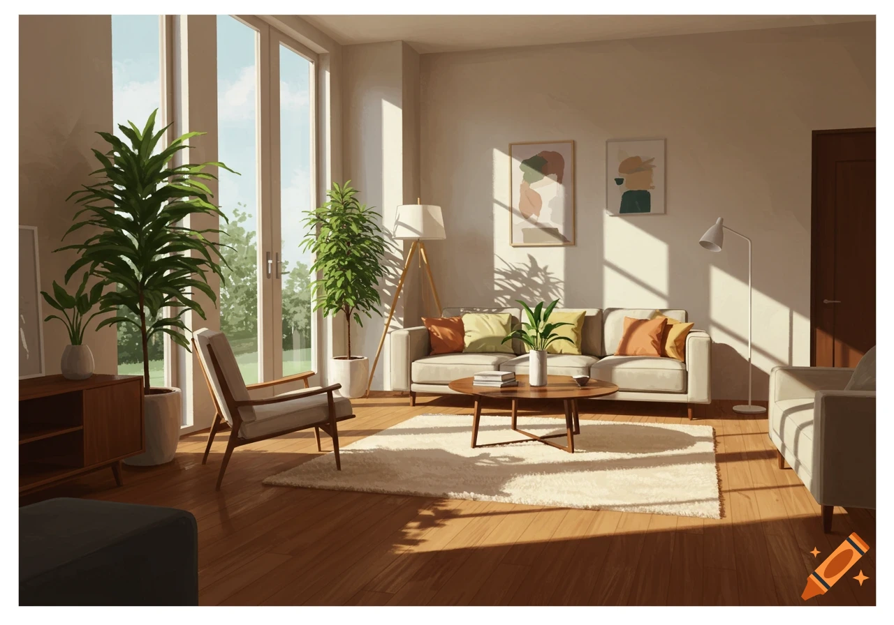 A brightly lit, modern living room with large plants, a light-colored sofa, and minimalist art, bathed in sunlight.
