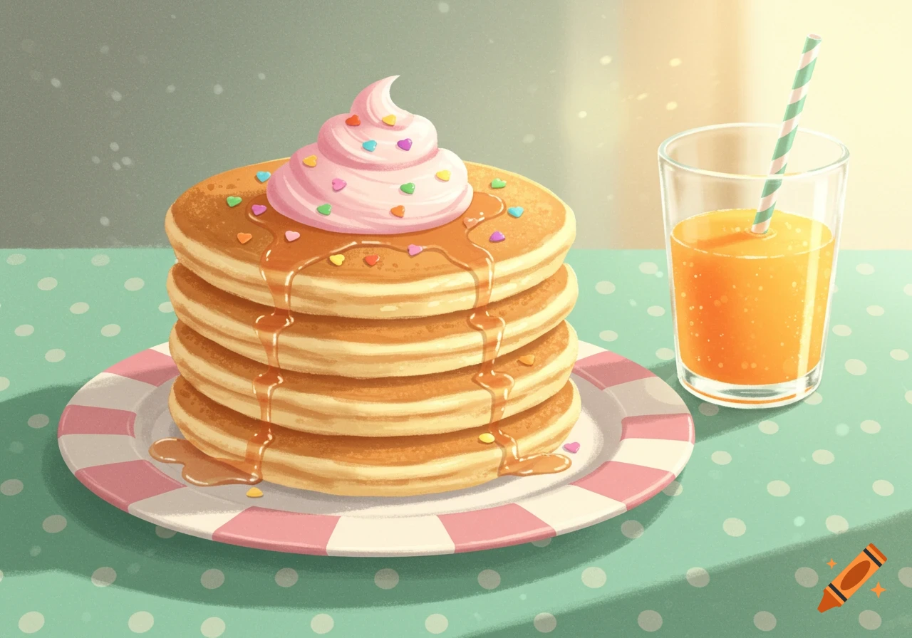 A cute illustration of a stack of pancakes with pink whipped cream, heart sprinkles, and syrup, next to a glass of orange juice.