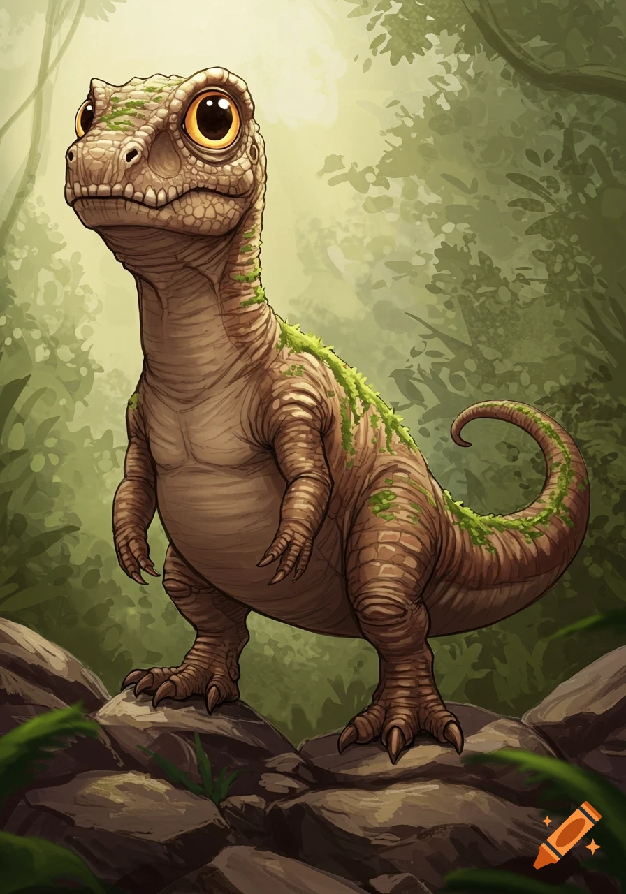 Cartoony illustration of a cute baby dinosaur with big eyes standing on rocks in a jungle.