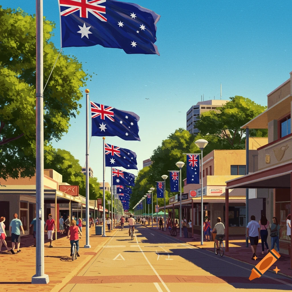 A sunny street lined with Australian flags on lampposts and people walking and cycling, in a clear, illustrative style.