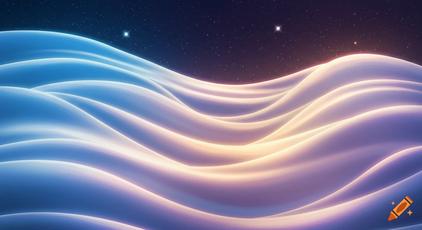 Abstract wavy forms in blue, orange, and pink under a dark starry night sky, resembling smooth dunes.