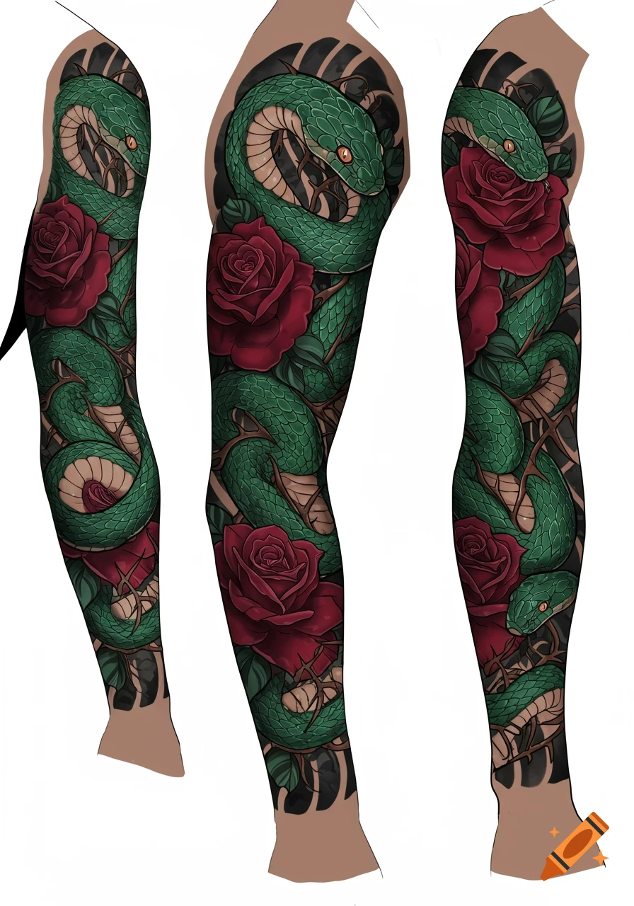 Illustrative tattoo sleeve design featuring intertwined green snakes and vibrant red roses on an arm.