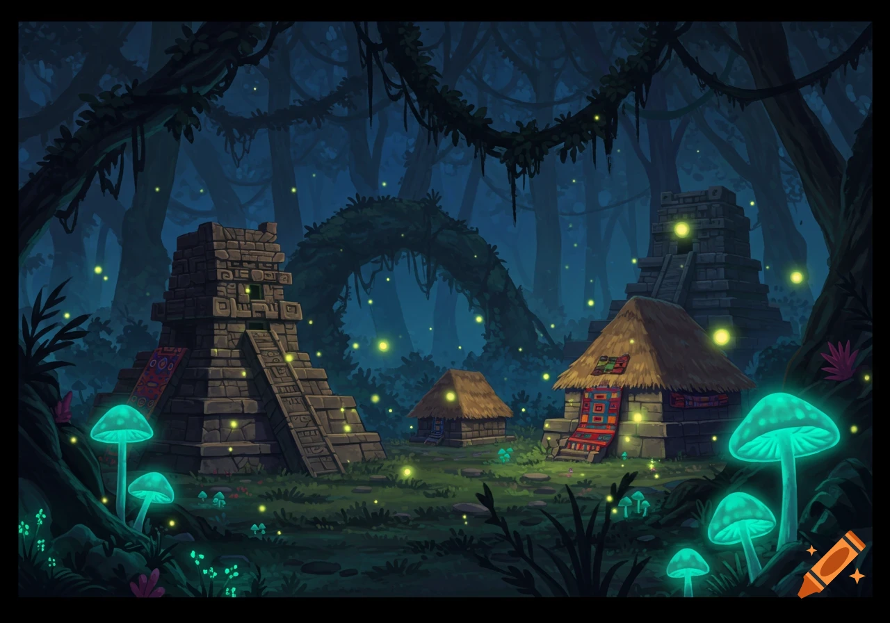 Whimsical illustration of an ancient Mayan village in a dark forest, with glowing mushrooms, fireflies, stone temples, and thatched huts.