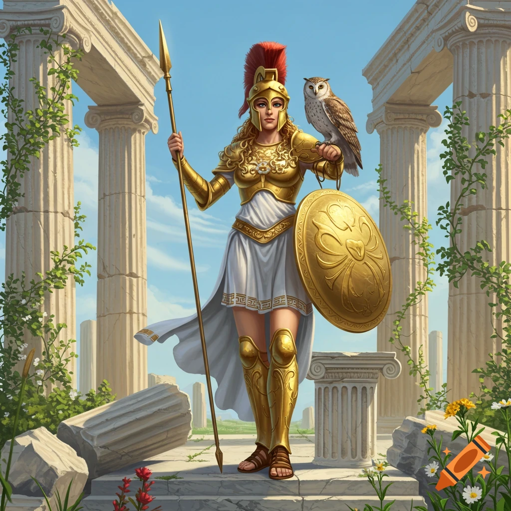 Detailed illustration of Athena in golden armor, with a spear, shield, and an owl, standing in ancient Greek ruins.