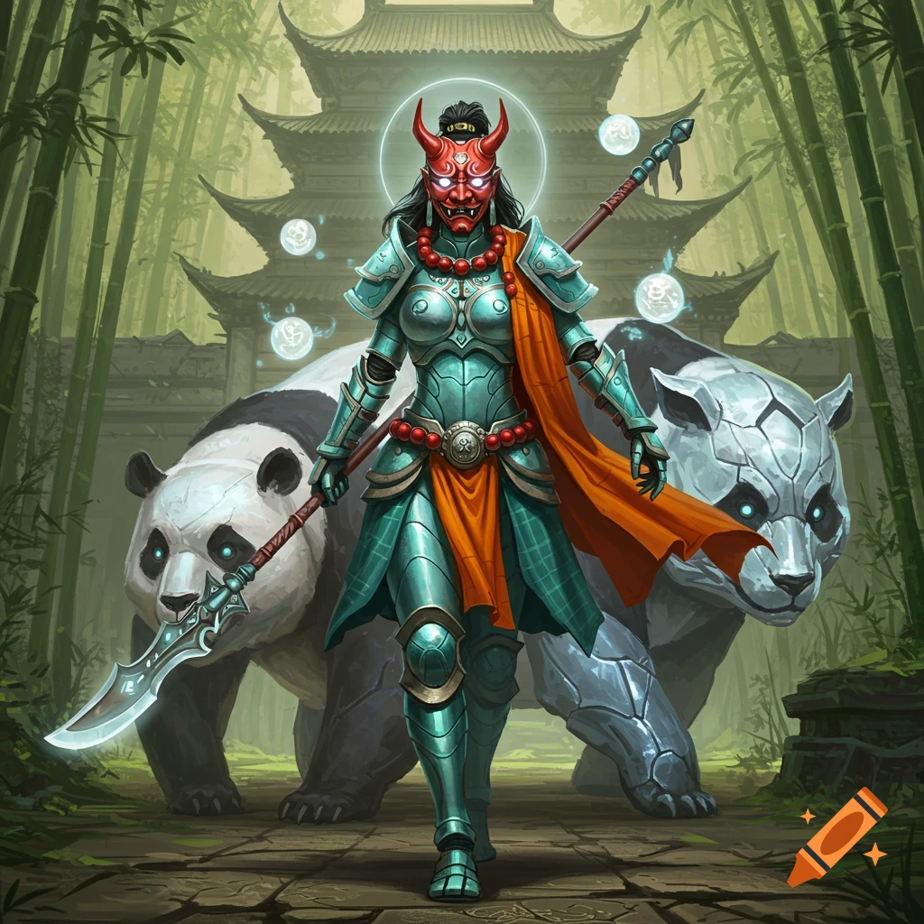 Armored warrior with a red oni mask and glowing spear stands in a bamboo forest with two pandas and a Chinese citadel.