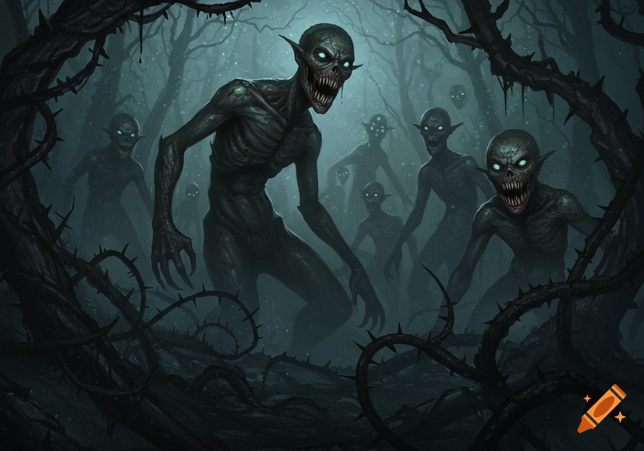 A group of gaunt, pale-skinned monsters with sharp teeth and glowing eyes emerge from a dark, thorny, mist-shrouded forest.