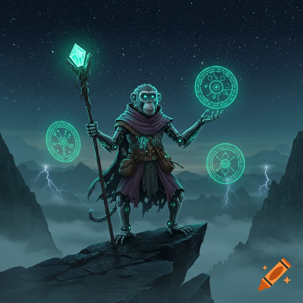 A robotic monkey wizard with glowing eyes holds a crystal-topped staff, surrounded by glowing magical symbols, standing on a rocky peak under a starry night sky with lightning in the distance.