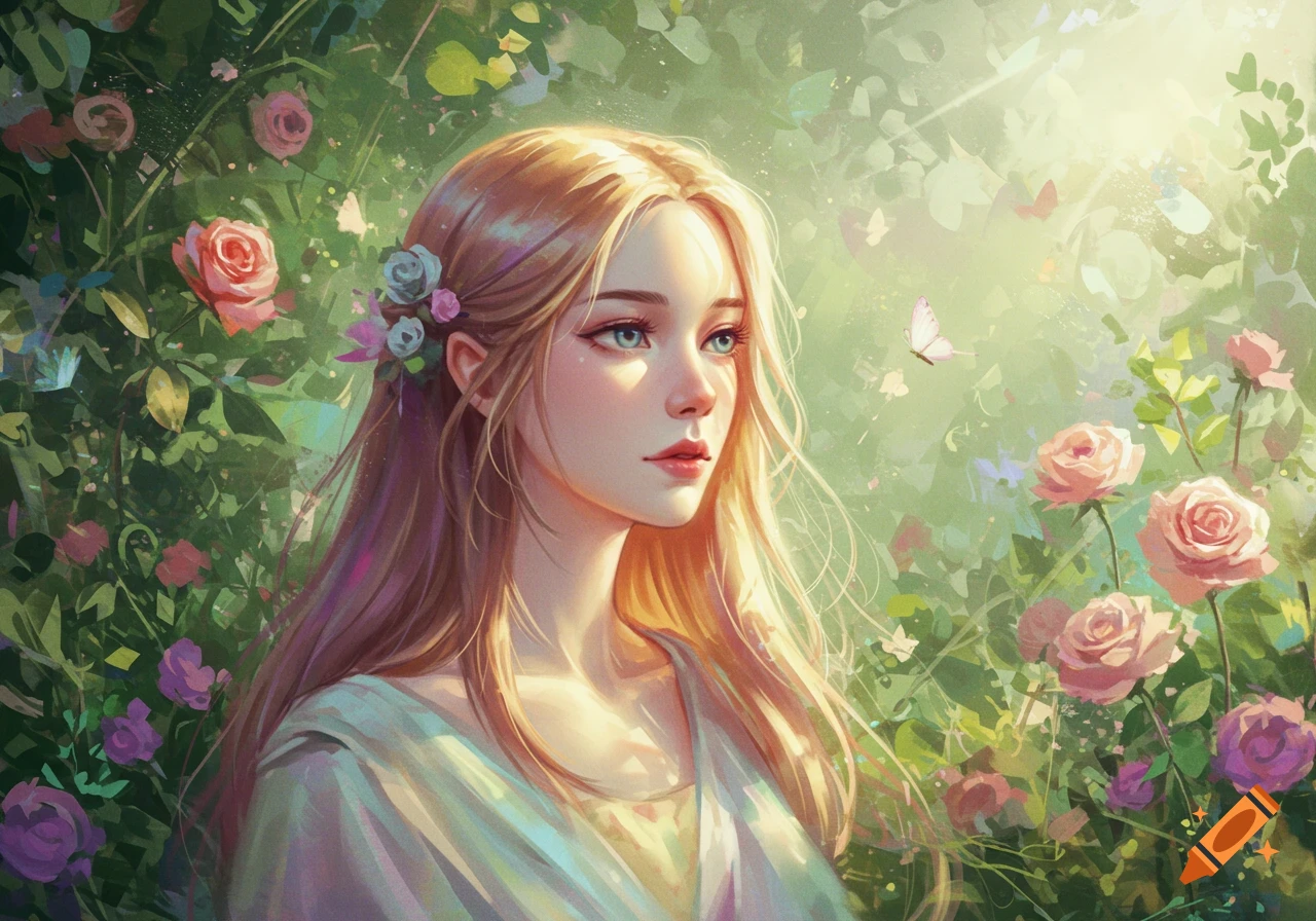 Digital painting of a beautiful young woman with blonde hair and flowers in her hair, surrounded by lush green foliage and pink roses in soft sunlight.