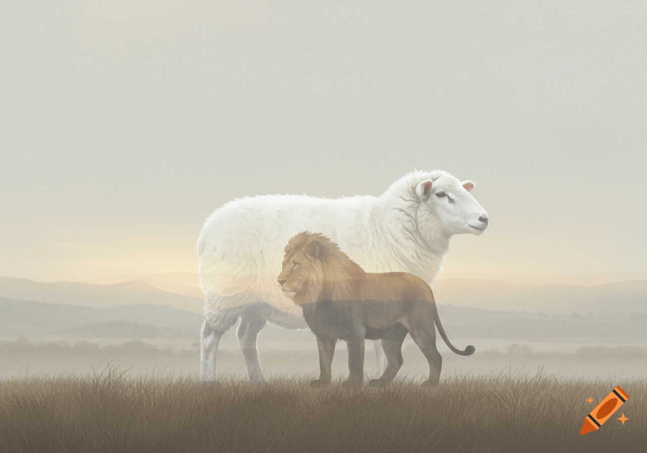 A white sheep with a translucent lion overlaid, standing in a misty field with mountains and sunrise.