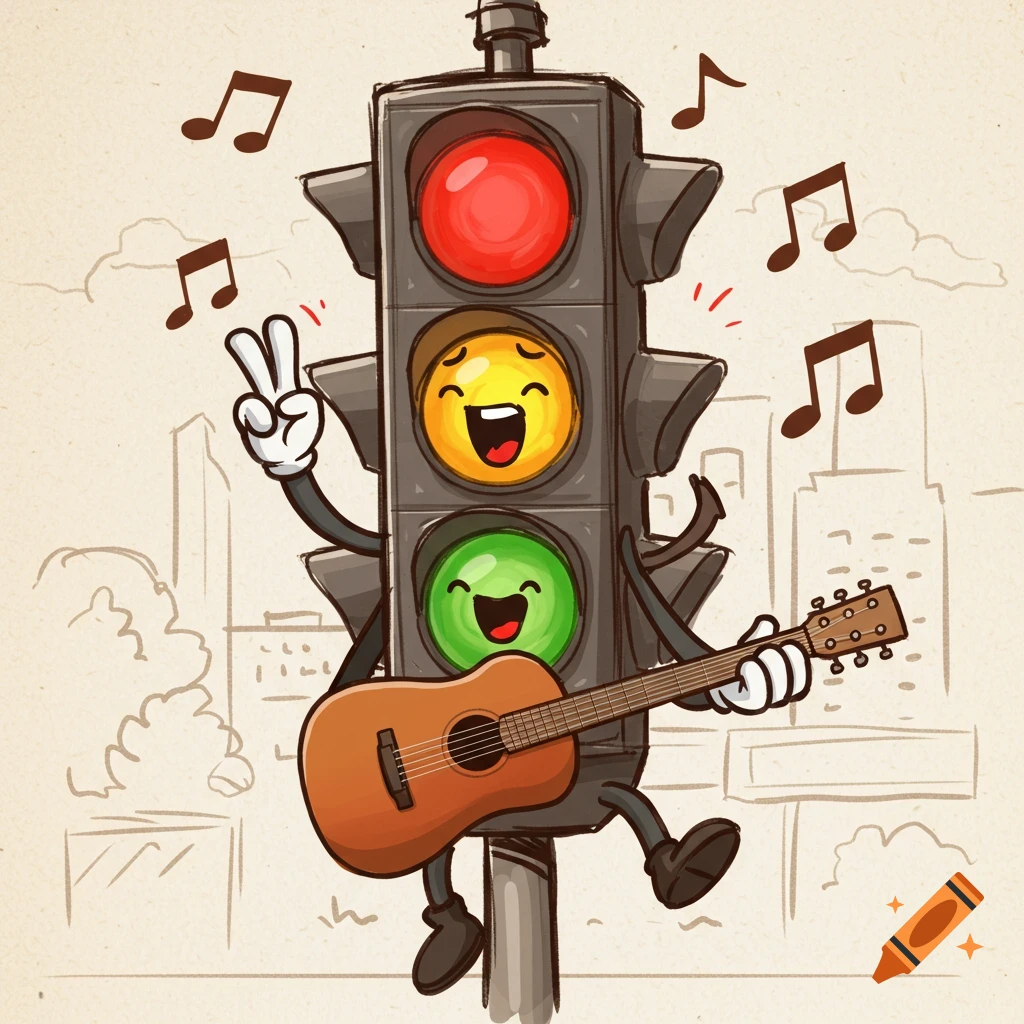 A cheerful cartoon traffic light with expressive faces on its lights plays an acoustic guitar, with musical notes floating around, against a cityscape sketch background.