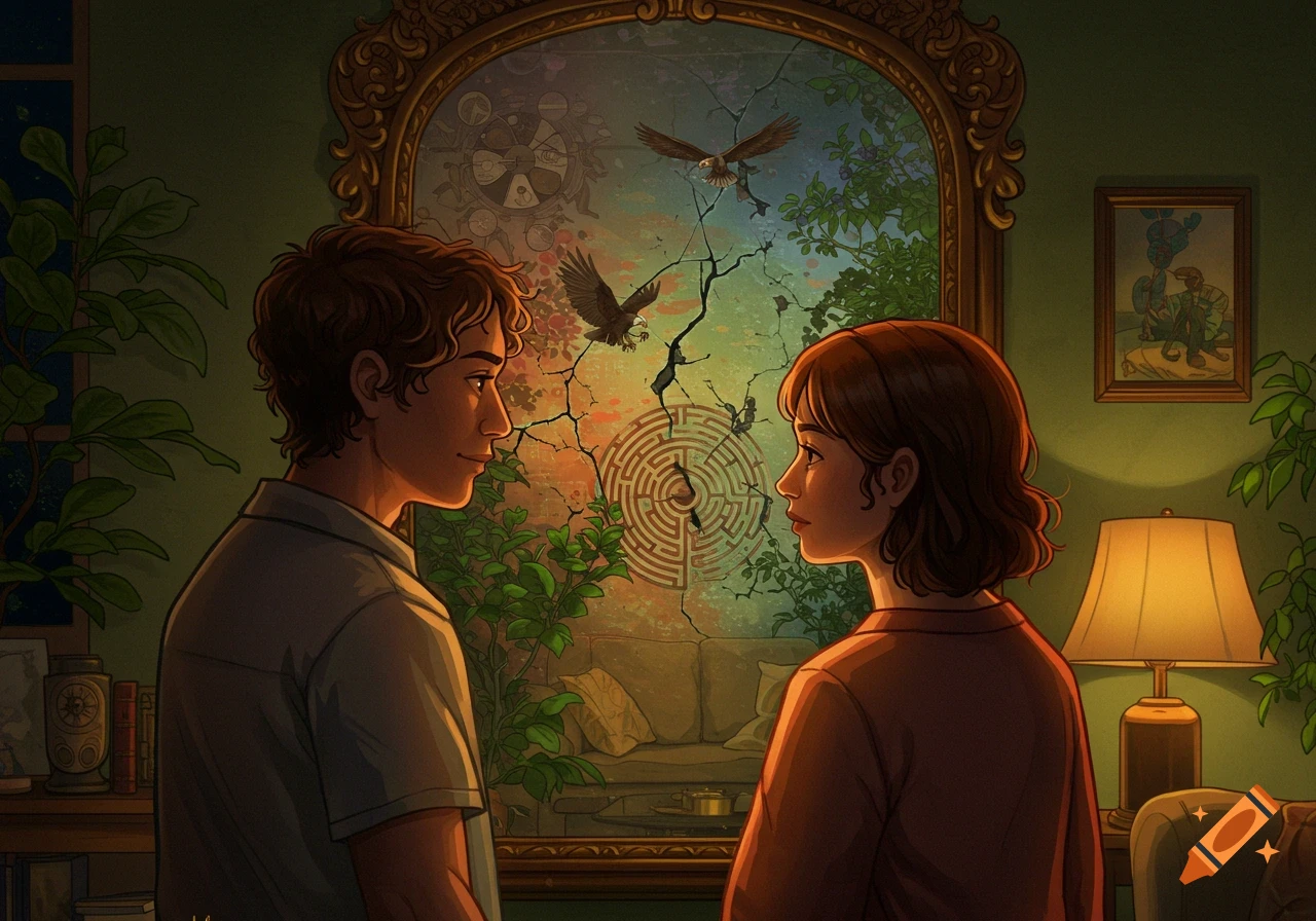 A young man and woman face each other, with an ornate mirror between them reflecting a surreal, cracked landscape with eagles and a labyrinth in an illustrative style.