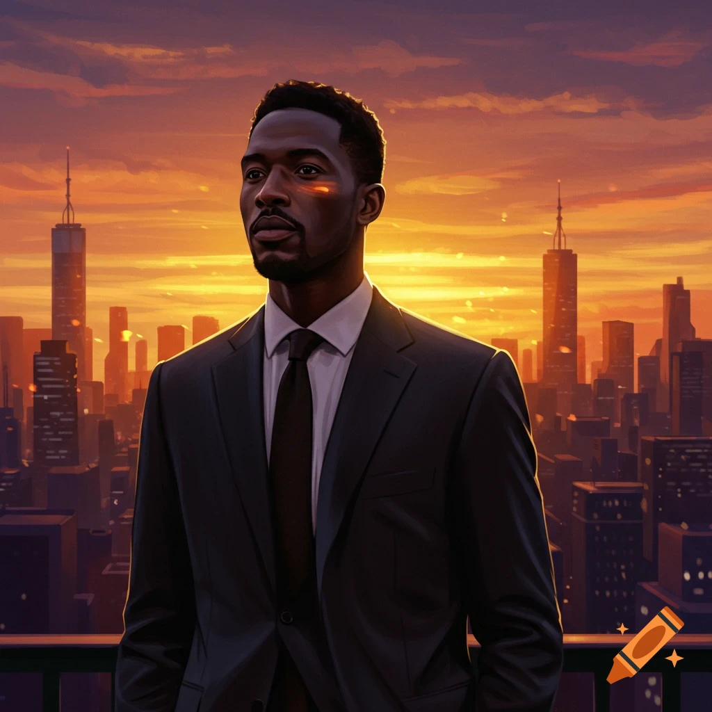 Digital painting of a man in a suit on a rooftop with a city skyline at sunset.