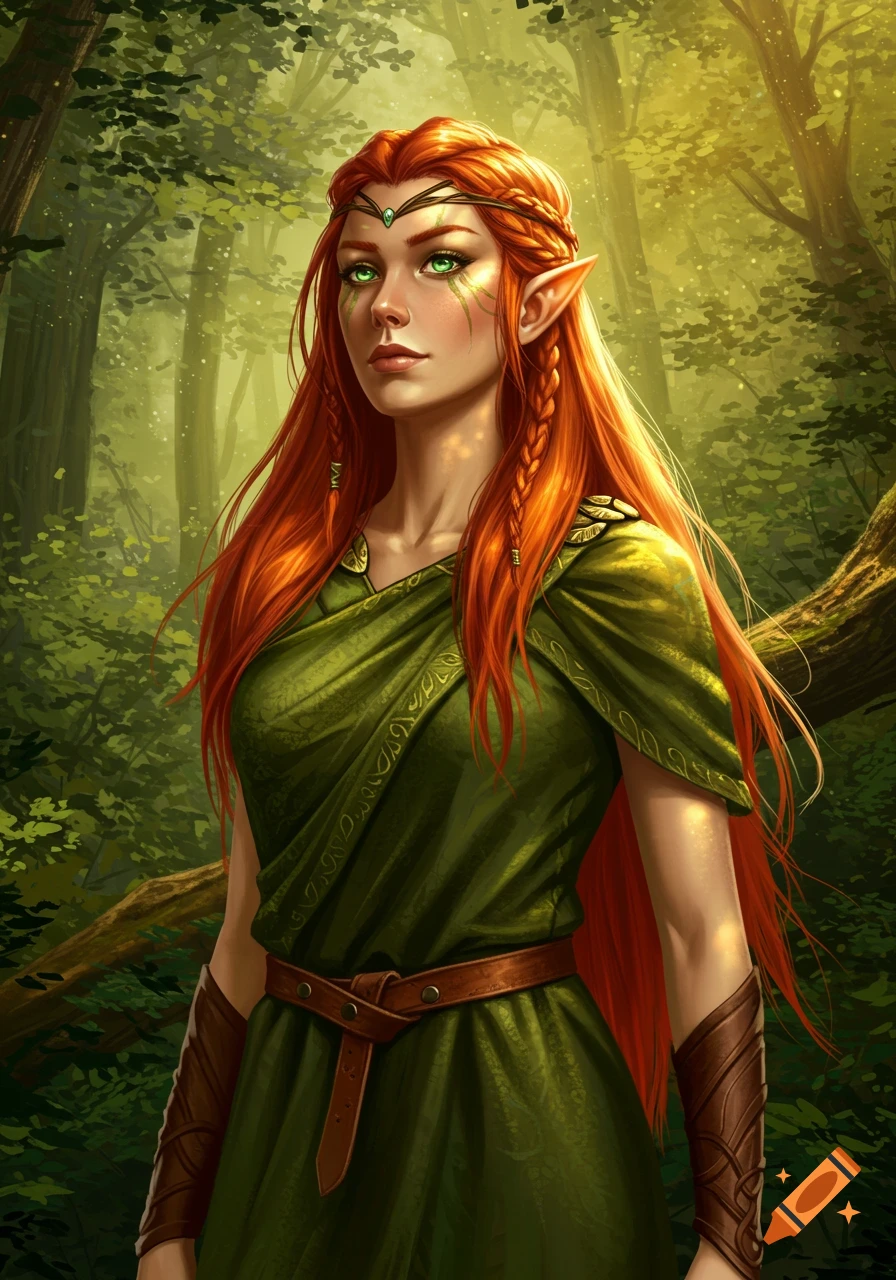A detailed digital painting of an elven woman with long red hair, green eyes, pointy ears, and a green tunic, standing in a sunlit forest.