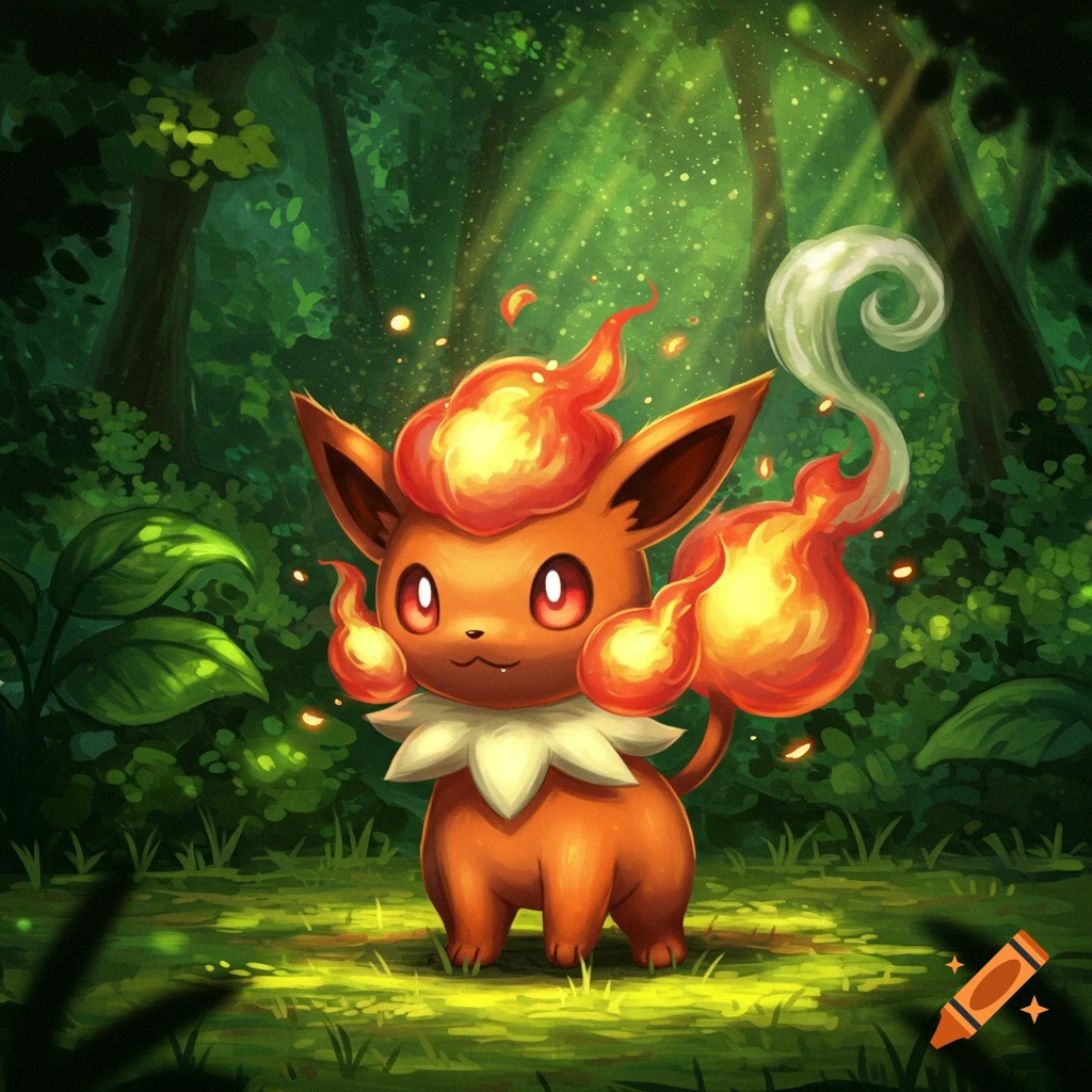 A cute, orange-furred Flareon with fiery mane and tail stands in a lush green forest with sunbeams, in a vibrant illustration style.