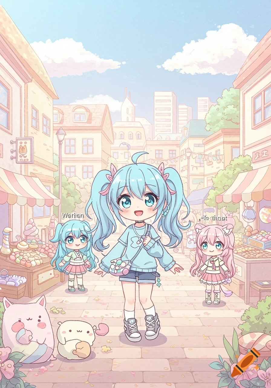 A pastel anime illustration of a blue-haired chibi girl smiling in a marketplace with two smaller chibi girls, buildings, and clouds.