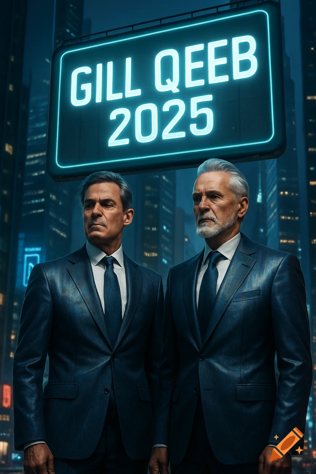 Two distinguished men in dark suits stand under a neon sign reading 'GILL QEEB 2025' in a futuristic cityscape.
